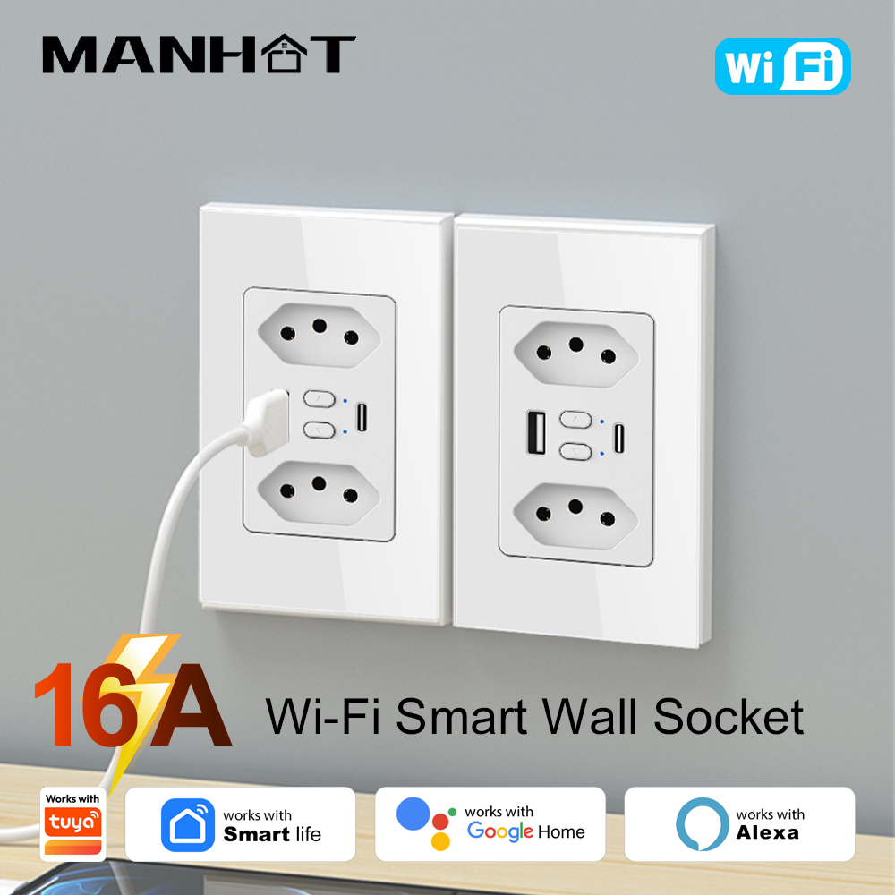 Smart Home Certification - MANHOT ปลั๊กไฟอัจฉริยะ Wifi สำหรับบราซิล พร้อมช่องเสียบ USB